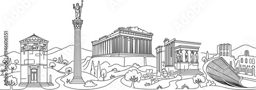 greece, landmarks, ancient, architecture, parthenon, acropolis, temple, column, statue, ruins, athens, history, travel, tourism, monument, illustration, lineart, culture, heritage, panorama