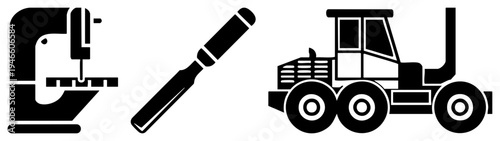 Black silhouette of sewing machine, chisel tool, and tractor vehicle, minimalist vector design, isolated foreground elements, craft and agriculture symbols.