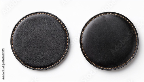 round black blank leather patch or coaster with stitches isolated on white background for branding mockup