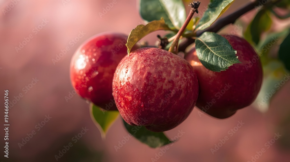 Obraz premium Three red apples hang on a branch