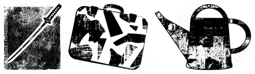 Black and white halftone vector katana sword, briefcase, watering can. Retro graphic style, isolated objects, design, stencil like texture.