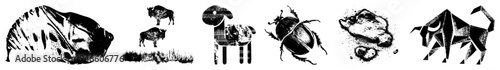 Geometric wildlife forms including bison, beetle, and bull, rendered in flat vector style with halftone textures and bold, ideal for graphic design.