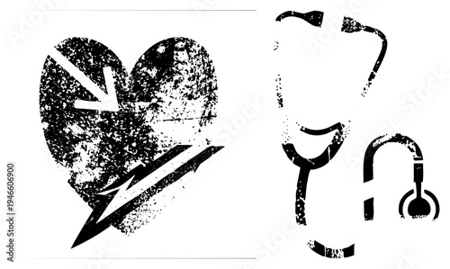 Stylized heart with arrow and lightning bolt, medical symbol, healthcare graphic, distressed texture, medical illustration, vector design.