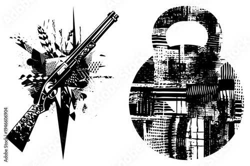 Ornate shotgun with explosive background, kettlebell with halftone texture, vector illustration, fitness and firearm, black and white graphic design.