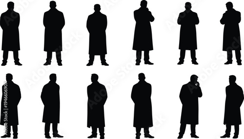 Male trench coat silhouette collection standing poses isolated on white background, detective style men shadow figures fashion people set