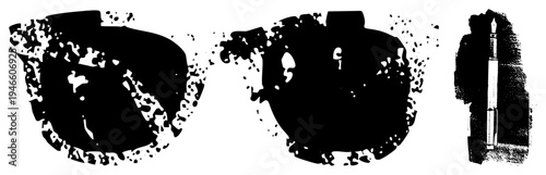 Classic round frame sunglasses and fountain pen rendered in gritty halftone style, vector cutout, isolated graphic elements, artistic print design.