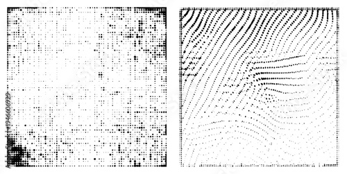 Black and white halftone dot forming abstract textures, graphic design elements, vector art, digital print aesthetic, minimalist composition.