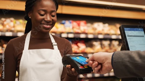 Friendly African American Female Cashier Processing a Contactless Credit Card Payment at a Supermarket Checkout