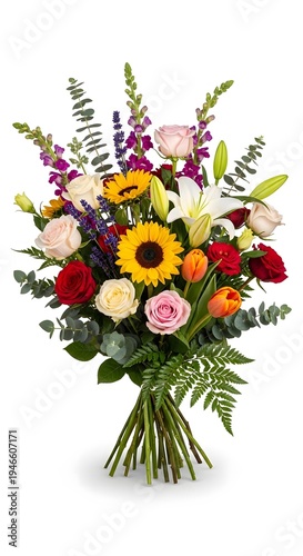 Colorful floral arrangement showcases a prominent sunflower