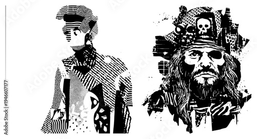 Stylized pirate with skull hat and rockstar with hair, both rendered in halftone dot and art, bold black and white vector portraits.