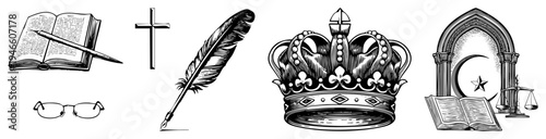 Crown,, pen, glasses, Quranic arch, star &, scales, open book symbolizing,, writing, academia, Islamic law, wisdom.