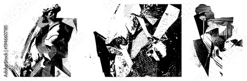 Fragmented human silhouettes rendered in sharp halftone and art, stylized figures, graphic design elements, vector art, modern abstract composition.