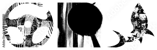 Vector halftone graphics of car wheel,, and shark with textured, isolated elements, design, stylized shapes, graphic art.