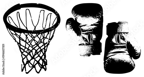 Basketball hoop with net and worn boxing gloves, sport equipment, athletic gear, gym supplies, retro style, black and white graphic.