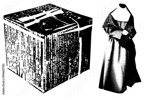 Religious garments worn by nuns, traditional monastic robe, wooden chest with lid, black and white halftone style, spiritual, religious attire, sacred objects.