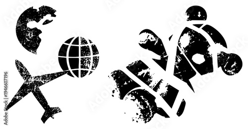 Travel themed vector symbols featuring airplane, globe, and fragmented earth, stencil style, ideal for tourism or aviation branding.