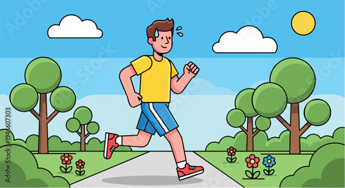 Energetic young man jogging outdoors in a beautiful park setting under a clear sky, depicting a healthy lifestyle and physical activity