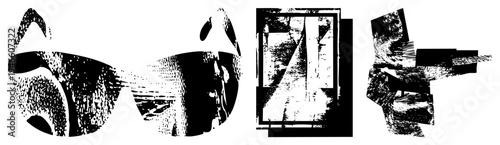 Stylized geometric forms with halftone textures, fragmented vector art, design, digital abstract composition, graphic illustration.