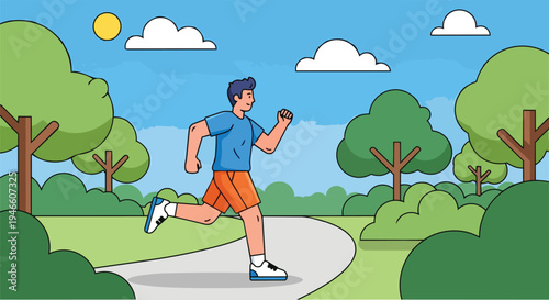 A vibrant illustration of a man enjoying a refreshing jog through a sunny park, embracing a healthy lifestyle and outdoor fitness routine