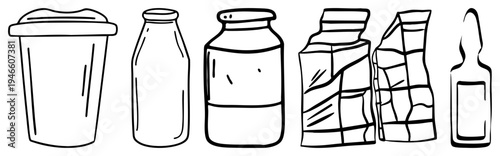 drawn milk cartons, glass bottles, and packaging containers, minimalist dairy products, sketch, beverage storage, food packaging design.