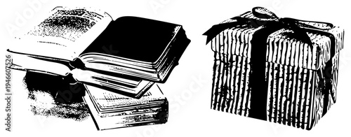 Stack of open and closed books beside gift box tied with ribbon, halftone vector art, educational and celebration theme, graphic design.