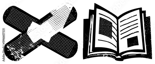 Medical adhesive bandage and open book, first aid symbol, educational healing, health literacy, learning recovery, wound care guide, academic support.