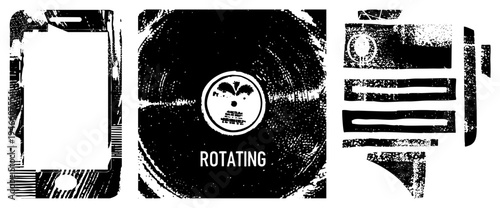 Stylized vinyl record spinning with gritty texture, flanked by smartphone, retro tech fusion, glitch art, digital analog mashup.