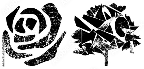 Stylized rose and tree graphic with distressed texture, design, symbolic art, vector illustration, urban graffiti aesthetic, abstract nature motifs.