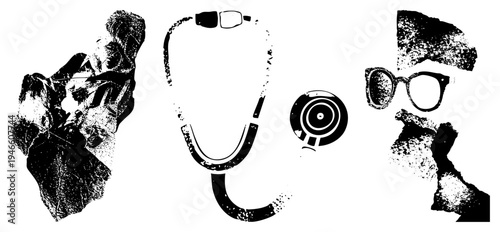 Doctor wearing glasses holding stethoscope, halftone medical, healthcare symbol, physician silhouette, black and white graphic, medical illustration.