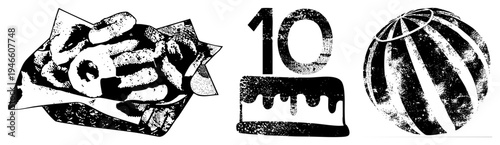 Retro dot graphics of glazed donuts, birthday cake with “10” topper, and striped globe, vector art with distressed texture and palette.