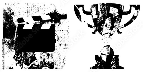 Movie production clapperboard and winner’s trophy with gritty halftone texture, film industry symbols, cinematic award, movie set props, black and white vector.