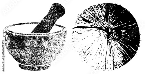 Black and white halftone illustrated mortar and pestle, circular design, herbal grinding tool, culinary preparation, vector graphic.
