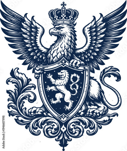 Crowned Griffin Heraldic Shield Royal Crest
