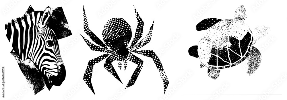 Fototapeta premium Black and white animal cutouts using halftone zebra stripes, spider legs, turtle. Isolated vector art for graphic design, tattoos, or print.