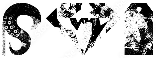 Distressed vector including stylized letter S with octopus texture, broken diamond, and weathered tag, all in high contrast black and white, ideal for edgy branding or graphic design.