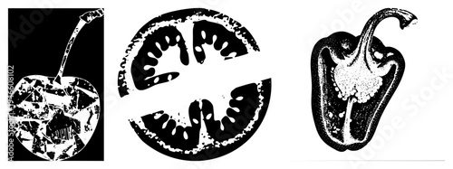 Cherry, tomato slice, and bell pepper rendered in high contrast halftone, vector art, isolated food illustrations, graphic design elements.