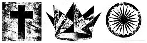 Black and white vector with distressed texture, regal crown, sunburst emblem isolated symbols for spiritual or themes.