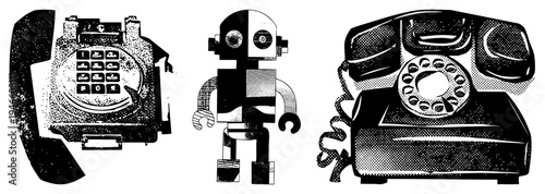 Retro rotary telephone, pixel art robot, keypad phone, black and white vector, halftone texture, tech nostalgia, isolated, communication devices.