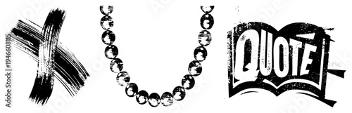 Artistic black and white vector symbols brushstroke mark, beaded necklace, open book with “QUOTE” text. Stylish, gritty, design elements for creative projects.