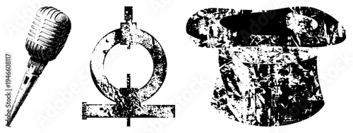 Retro microphone, omega sign, magician’s top hat stylized black and white vector with distressed texture. Classic symbols for entertainment, science, and illusion.