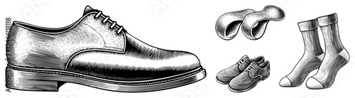 Formal men’s shoe, dress footwear, lace up boot, sock pair, shoe sole, vintage illustration, business attire, black and white vector.