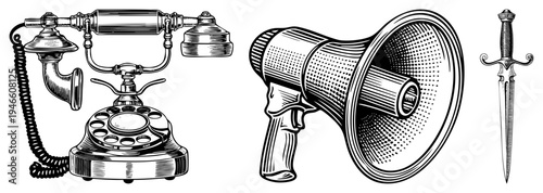 Retro rotary telephone, handheld megaphone, ornate dagger, black and white vector illustration, communication tools, vintage symbols, isolated.
