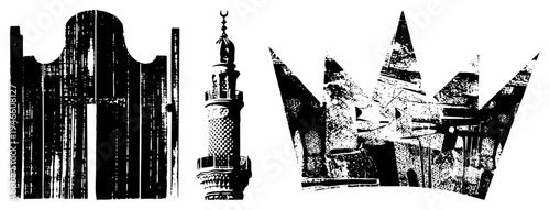 Black and white halftone vector of Islamic landmarks including minaret, ornate gate, and fortress crown, rendered in gritty texture, ideal for cultural or historical design projects.