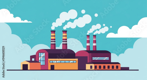 Industrial Factory with Smoking Chimneys and Environmental Pollution.