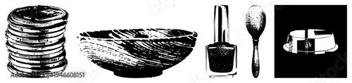 Stack of coins with ridges, wooden bowl with grain texture, nail polish bottle with brush, wooden spoon with handle, cake with checkered lid. Vector art, halftone style, isolated elements.