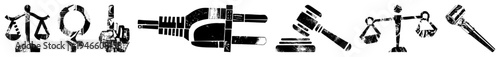 Set of justice scales, gavel, raised fist, judge’s hammer, and symbolic legal emblems, vector design for law or courtroom themes.
