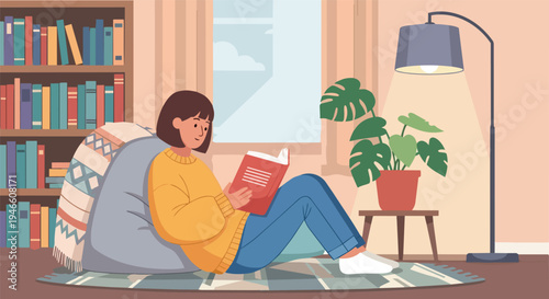 Cozy atmosphere of a young woman engrossed in reading a book while relaxing on a bean bag chair in a well-lit room with a bookshelf and a floor lamp