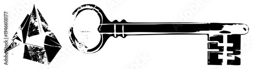 Antique key with ornate bow and bit, paired with abstract diamond shape, both rendered in high contrast black vector art with distressed texture, ideal for retro or symbolic design.