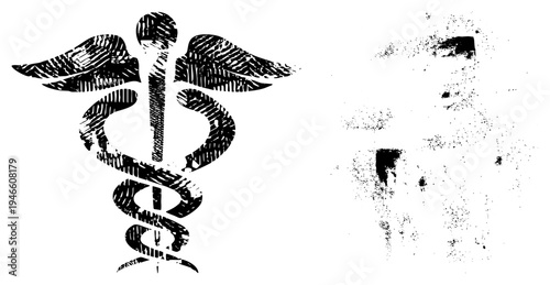 Caduceus medical symbol featuring snakes and wings, distressed ink texture, healthcare emblem, medical, vector illustration.