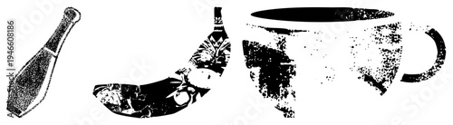 Halftone stylized coffee tamper, ornate coffee pot, textured mug, vector illustration, café tools, retro kitchenware, black and white graphic.